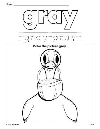 Free Easter duck color gray coloring page and color worksheet, gray worksheet for preschoolers to learn colors, printable PDF