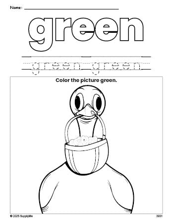 Free Easter duck color green coloring page and color worksheet, green worksheet for preschoolers to learn colors, printable PDF