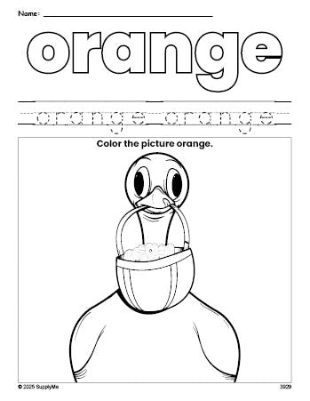 Free Easter duck color orange coloring page and color worksheet, orange worksheet for preschoolers to learn colors, printable PDF