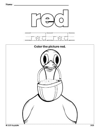 Free Easter duck color red coloring page and color worksheet, red worksheet for preschoolers to learn colors, printable PDF