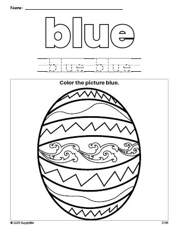 Free Easter egg color blue coloring page and color worksheet, blue worksheet for preschoolers to learn colors, printable PDF