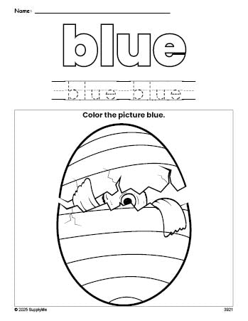 Free Easter egg color blue coloring page and color worksheet, blue worksheet for preschoolers to learn colors, printable PDF