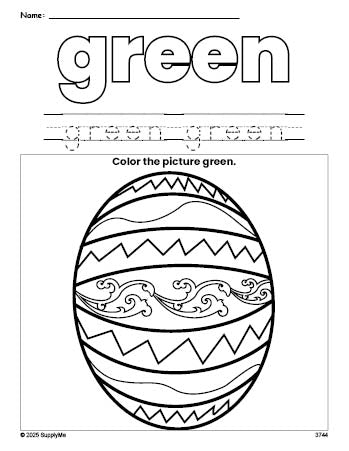 Free Easter egg color green coloring page and color worksheet, green worksheet for preschoolers to learn colors, printable PDF