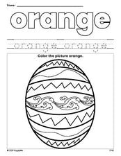Free Easter egg color orange coloring page and color worksheet, orange worksheet for preschoolers to learn colors, printable PDF
