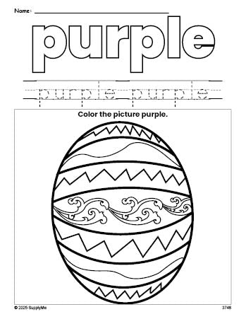 Free Easter egg color purple coloring page and color worksheet, purple worksheet for preschoolers to learn colors, printable PDF