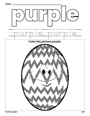 Free Easter egg color purple coloring page and color worksheet, purple worksheet for preschoolers to learn colors, printable PDF