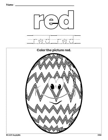 Free Easter egg color red coloring page and color worksheet, red worksheet for preschoolers to learn colors, printable PDF