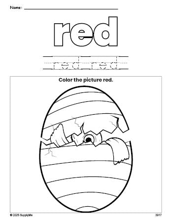 Free Easter egg color red coloring page and color worksheet, red worksheet for preschoolers to learn colors, printable PDF