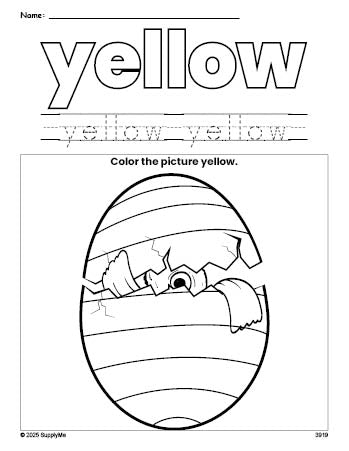 Free Easter egg color yellow coloring page and color worksheet, yellow worksheet for preschoolers to learn colors, printable PDF
