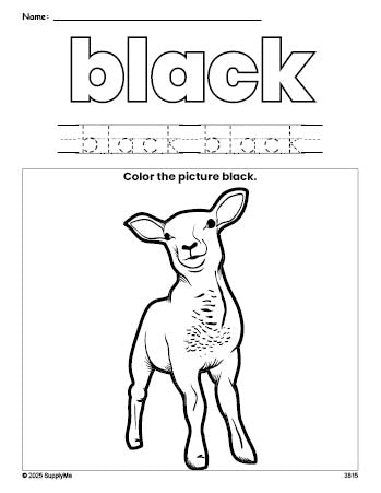 Free Easter lamb color black coloring page and color worksheet, black worksheet for preschoolers to learn colors, printable PDF
