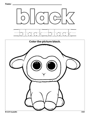 Free Easter lamb color black coloring page and color worksheet, black worksheet for preschoolers to learn colors, printable PDF
