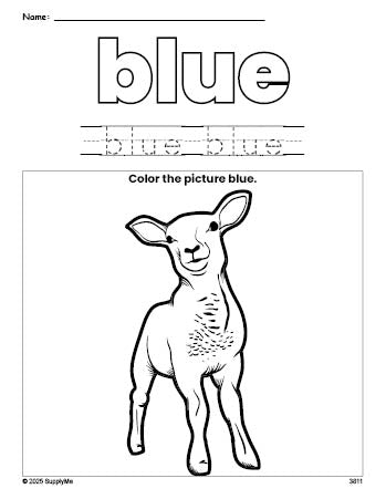 Free Easter lamb color blue coloring page and color worksheet, blue worksheet for preschoolers to learn colors, printable PDF