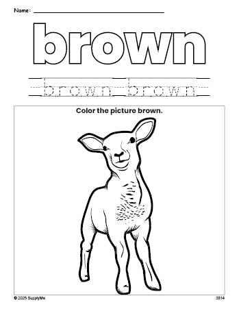 Free Easter lamb color brown coloring page and color worksheet, brown worksheet for preschoolers to learn colors, printable PDF