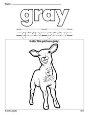 Free Easter lamb color gray coloring page and color worksheet, gray worksheet for preschoolers to learn colors, printable PDF