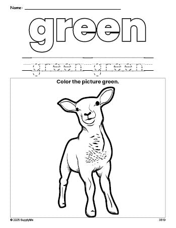 Free Easter lamb color green coloring page and color worksheet, green worksheet for preschoolers to learn colors, printable PDF