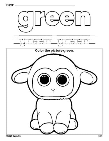 Free Easter lamb color green coloring page and color worksheet, green worksheet for preschoolers to learn colors, printable PDF
