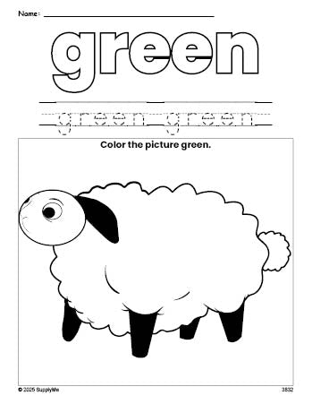 Free Easter lamb color green coloring page and color worksheet, green worksheet for preschoolers to learn colors, printable PDF