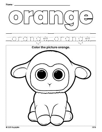 Free Easter lamb color orange coloring page and color worksheet, orange worksheet for preschoolers to learn colors, printable PDF