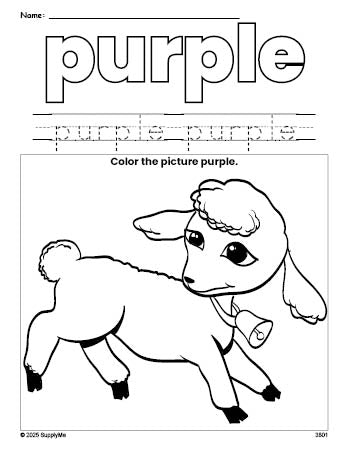 Free Easter lamb color purple coloring page and color worksheet, purple worksheet for preschoolers to learn colors, printable PDF