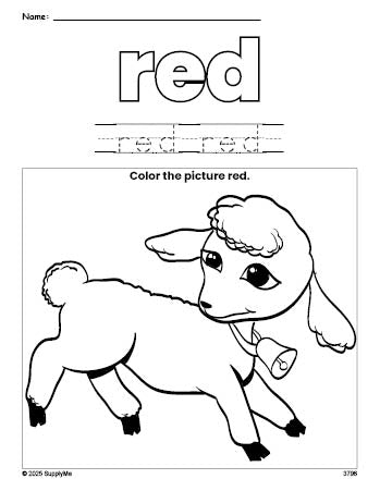 Free Easter lamb color red coloring page and color worksheet, red worksheet for preschoolers to learn colors, printable PDF