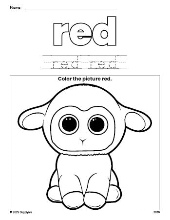 Free Easter lamb color red coloring page and color worksheet, red worksheet for preschoolers to learn colors, printable PDF