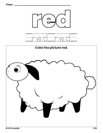 Free Easter lamb color red coloring page and color worksheet, red worksheet for preschoolers to learn colors, printable PDF