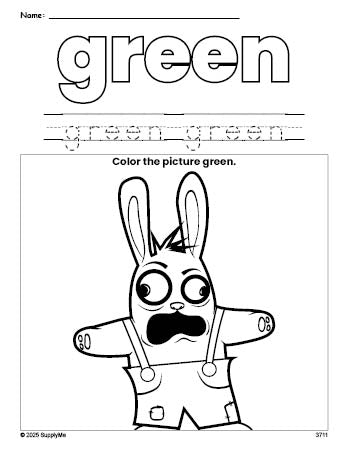Free Easter rabbit color green coloring page and color worksheet, green worksheet for preschoolers to learn colors, printable PDF