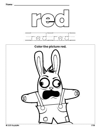 Free Easter rabbit color red coloring page and color worksheet, red worksheet for preschoolers to learn colors, printable PDF