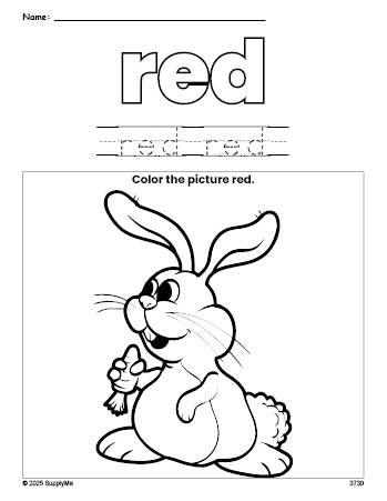 Free Easter rabbit color red coloring page and color worksheet, red worksheet for preschoolers to learn colors, printable PDF
