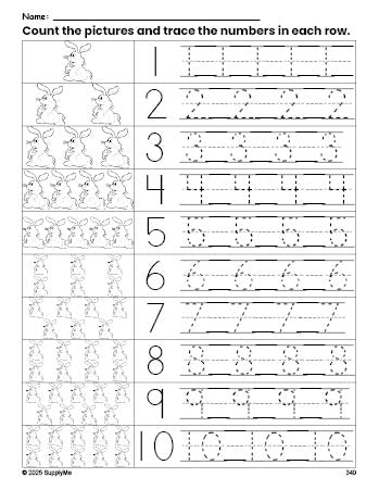 Free printable Easter rabbit counting worksheet for preschool and pre-k with number tracing practice 1-10, PDF