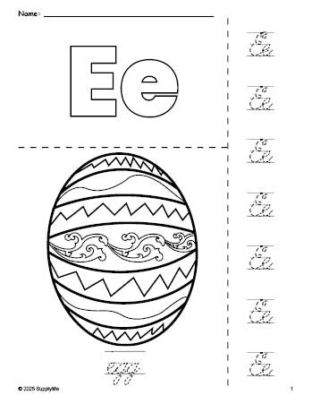 Free printable egg Easter coloring page and cursive letter tracing worksheet, letter e worksheet for preschool, pre-k, and kindergarten, PDF