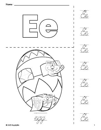 Free printable egg Easter coloring page and cursive letter tracing worksheet, letter e worksheet for preschool, pre-k, and kindergarten, PDF