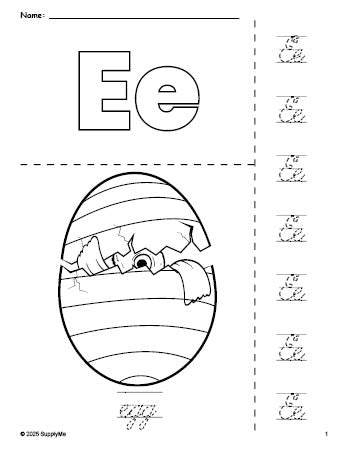 Free printable egg Easter coloring page and cursive letter tracing worksheet, letter e worksheet for preschool, pre-k, and kindergarten, PDF