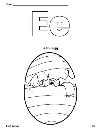 Free printable egg Easter coloring page, letter e coloring page for preschool, pre-k, and kindergarten, PDF