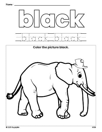 Free elephant color black coloring page and color worksheet, black worksheet for preschoolers to learn colors, printable PDF