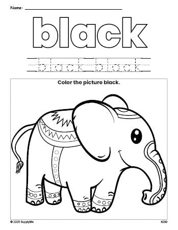 Free elephant color black coloring page and color worksheet, black worksheet for preschoolers to learn colors, printable PDF