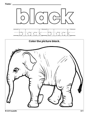 Free elephant color black coloring page and color worksheet, black worksheet for preschoolers to learn colors, printable PDF