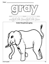 Free elephant color gray coloring page and color worksheet, gray worksheet for preschoolers to learn colors, printable PDF