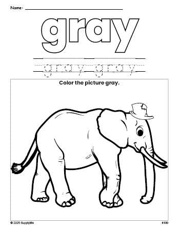 Free elephant color gray coloring page and color worksheet, gray worksheet for preschoolers to learn colors, printable PDF