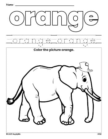 Free elephant color orange coloring page and color worksheet, orange worksheet for preschoolers to learn colors, printable PDF