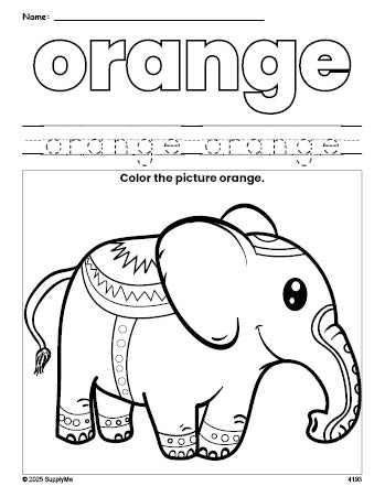 Free elephant color orange coloring page and color worksheet, orange worksheet for preschoolers to learn colors, printable PDF