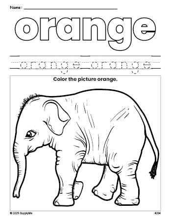 Free elephant color orange coloring page and color worksheet, orange worksheet for preschoolers to learn colors, printable PDF