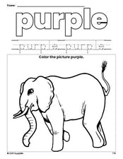 Free elephant color purple coloring page and color worksheet, purple worksheet for preschoolers to learn colors, printable PDF
