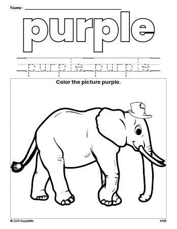 Free elephant color purple coloring page and color worksheet, purple worksheet for preschoolers to learn colors, printable PDF