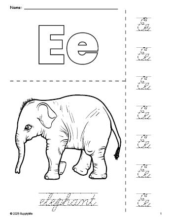 FREE Printable Elephant Coloring Page and Cursive Letter Tracing ...
