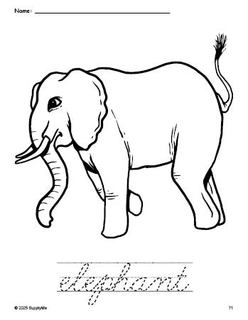 FREE Printable Elephant Coloring Page and Cursive Word Tracing ...