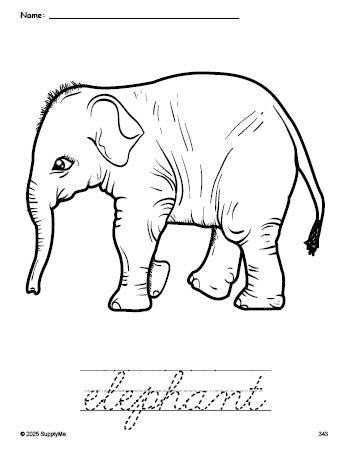 FREE Printable Elephant Coloring Page and Cursive Word Tracing ...