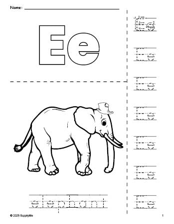 Free printable elephant coloring page and letter tracing worksheet, letter e worksheet for preschool, pre-k, and kindergarten, PDF