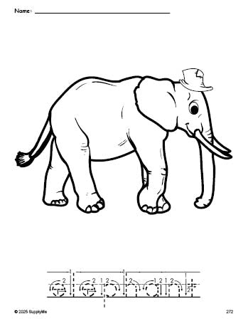 Free printable elephant coloring page and word tracing worksheet, letter formation guides, perfect for preschool, pre-k, and kindergarten, PDF