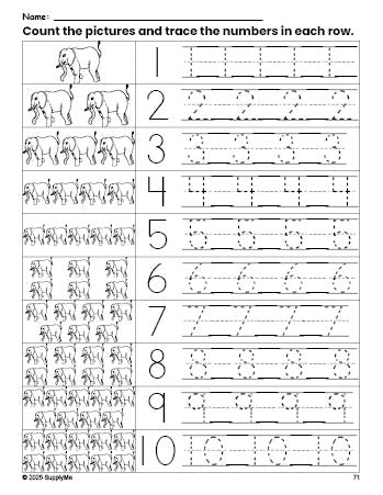 Free printable elephant counting worksheet for preschool and pre-k with number tracing practice 1-10, PDF